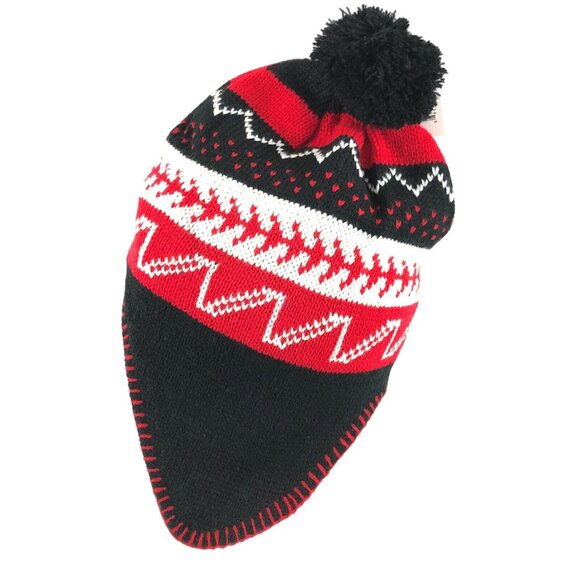Polar Wear Kids Beanie Hat Ear Flaps Fleece Lined Striped Knit Pom Red Black OS - Picture 3 of 6